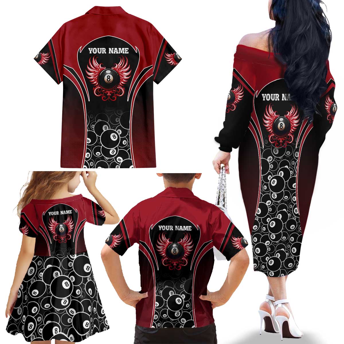 Personalized Billiards Eight Ball Family Matching Off The Shoulder Long Sleeve Dress and Hawaiian Shirt with Red Wing Emblem and Black Gradient Bubble Pattern - Wonder Print Shop