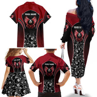 Personalized Billiards Eight Ball Family Matching Off The Shoulder Long Sleeve Dress and Hawaiian Shirt with Red Wing Emblem and Black Gradient Bubble Pattern - Wonder Print Shop