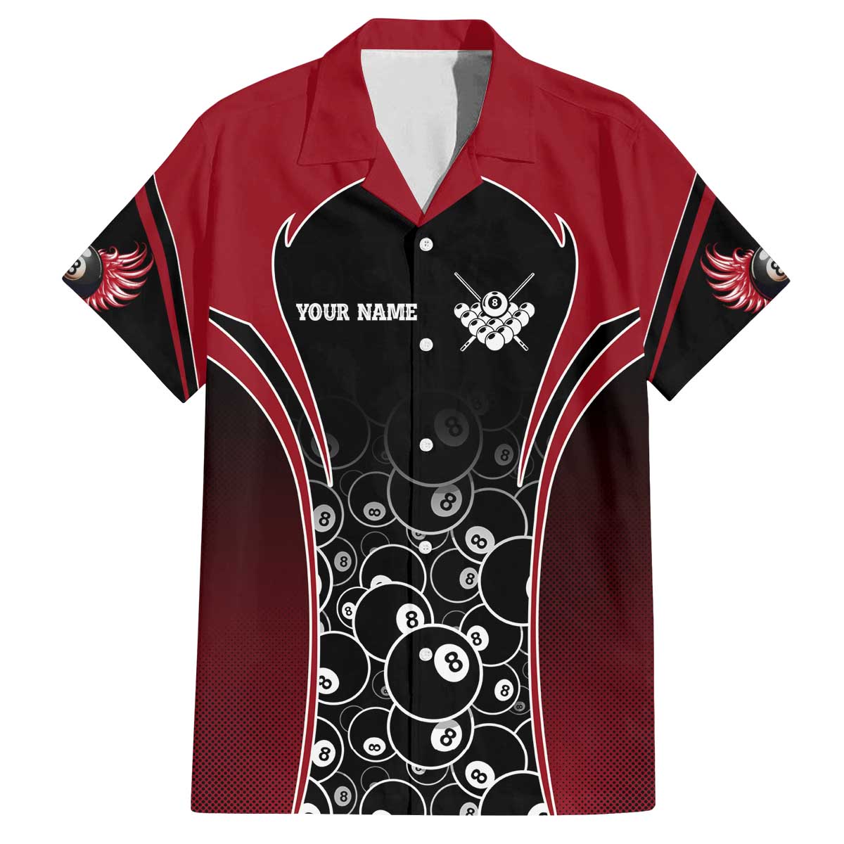 Personalized Billiards Eight Ball Family Matching Off The Shoulder Long Sleeve Dress and Hawaiian Shirt with Red Wing Emblem and Black Gradient Bubble Pattern - Wonder Print Shop