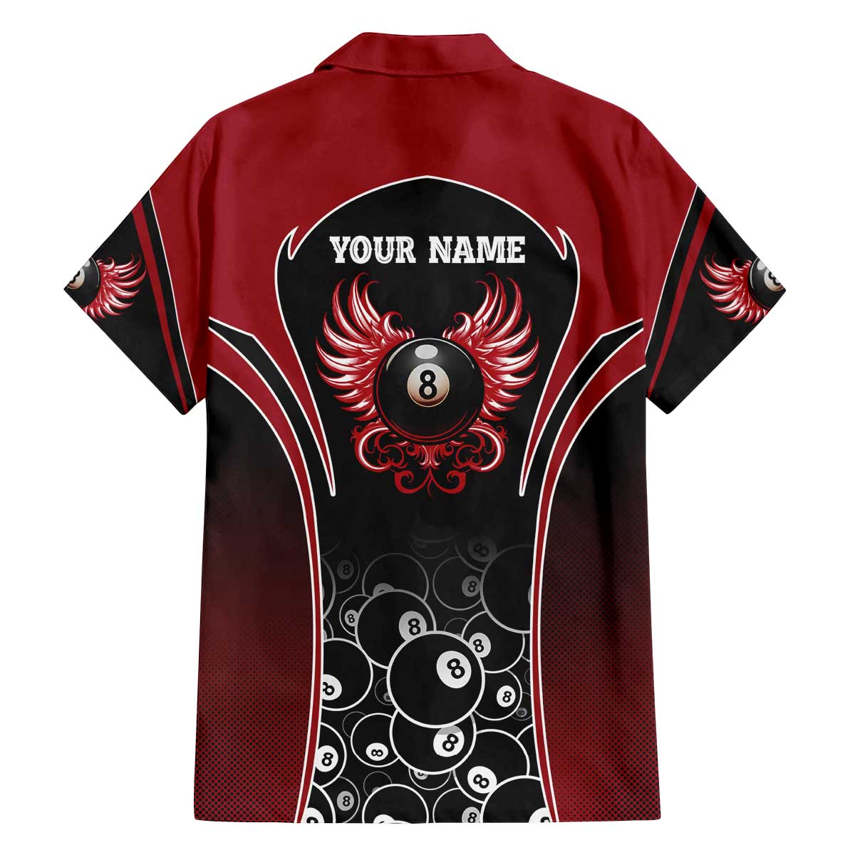 Personalized Billiards Eight Ball Family Matching Off The Shoulder Long Sleeve Dress and Hawaiian Shirt with Red Wing Emblem and Black Gradient Bubble Pattern - Wonder Print Shop
