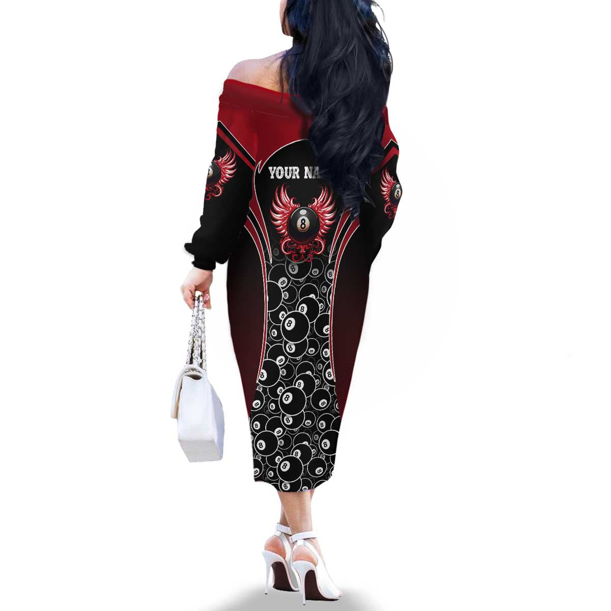 Personalized Billiards Eight Ball Family Matching Off The Shoulder Long Sleeve Dress and Hawaiian Shirt with Red Wing Emblem and Black Gradient Bubble Pattern - Wonder Print Shop