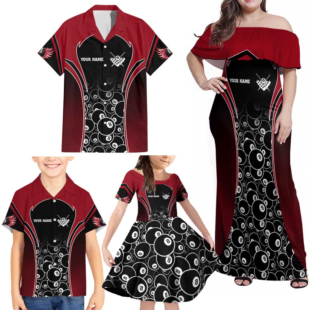 Personalized Billiards Eight Ball Family Matching Off Shoulder Maxi Dress and Hawaiian Shirt with Red Wing Emblem and Black Gradient Bubble Pattern - Wonder Print Shop