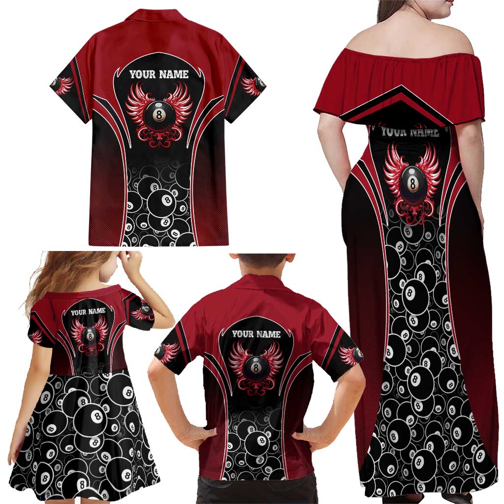 Personalized Billiards Eight Ball Family Matching Off Shoulder Maxi Dress and Hawaiian Shirt with Red Wing Emblem and Black Gradient Bubble Pattern - Wonder Print Shop