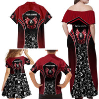 Personalized Billiards Eight Ball Family Matching Off Shoulder Maxi Dress and Hawaiian Shirt with Red Wing Emblem and Black Gradient Bubble Pattern - Wonder Print Shop