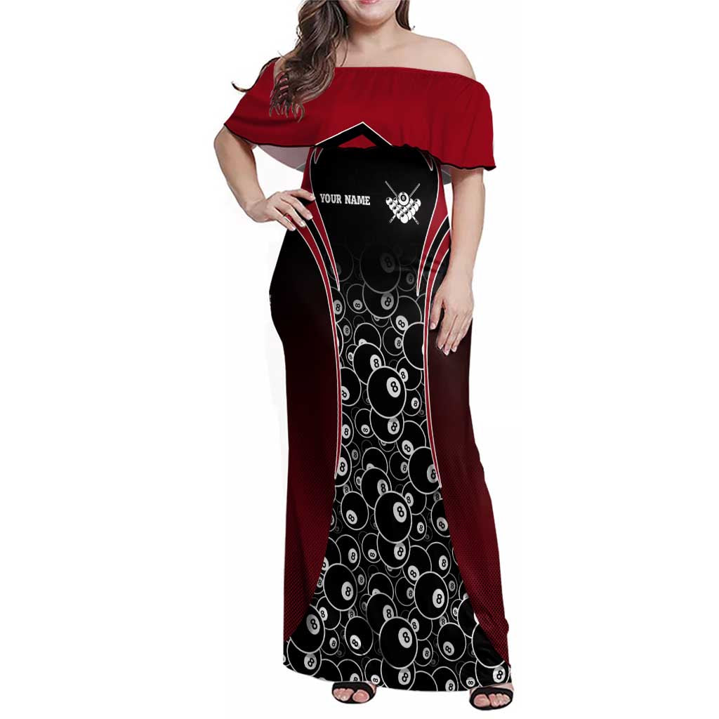 Personalized Billiards Eight Ball Family Matching Off Shoulder Maxi Dress and Hawaiian Shirt with Red Wing Emblem and Black Gradient Bubble Pattern - Wonder Print Shop