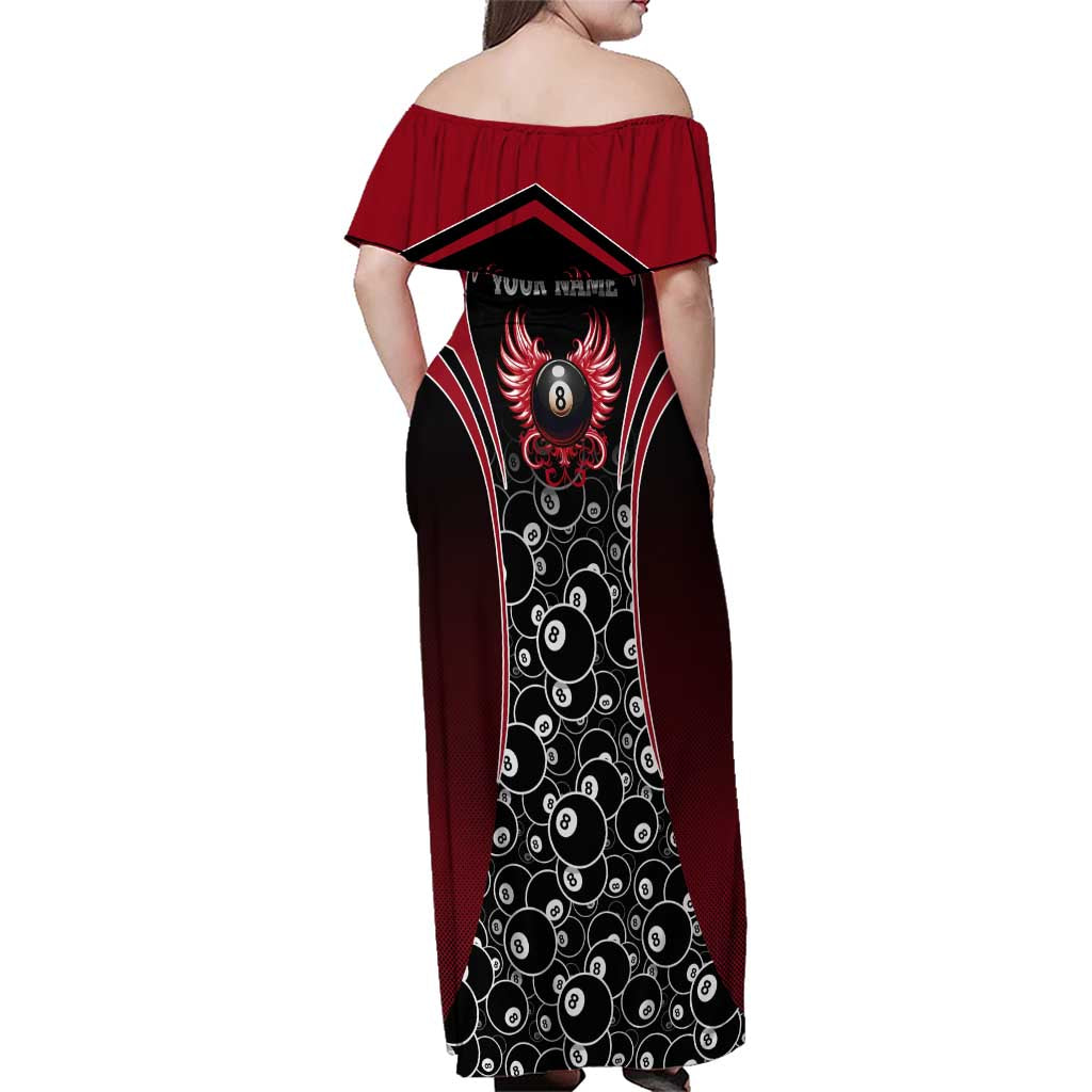 Personalized Billiards Eight Ball Family Matching Off Shoulder Maxi Dress and Hawaiian Shirt with Red Wing Emblem and Black Gradient Bubble Pattern - Wonder Print Shop