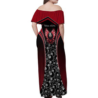 Personalized Billiards Eight Ball Family Matching Off Shoulder Maxi Dress and Hawaiian Shirt with Red Wing Emblem and Black Gradient Bubble Pattern - Wonder Print Shop