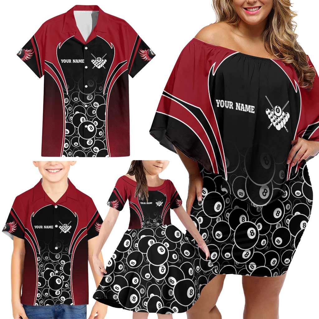 Personalized Billiards Eight Ball Family Matching Off Shoulder Short Dress and Hawaiian Shirt with Red Wing Emblem and Black Gradient Bubble Pattern - Wonder Print Shop