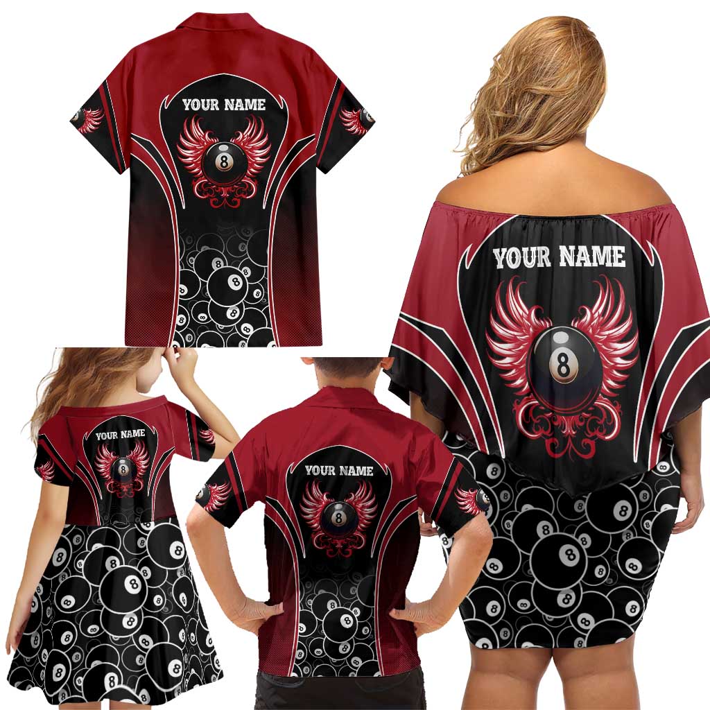 Personalized Billiards Eight Ball Family Matching Off Shoulder Short Dress and Hawaiian Shirt with Red Wing Emblem and Black Gradient Bubble Pattern - Wonder Print Shop