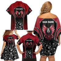 Personalized Billiards Eight Ball Family Matching Off Shoulder Short Dress and Hawaiian Shirt with Red Wing Emblem and Black Gradient Bubble Pattern - Wonder Print Shop