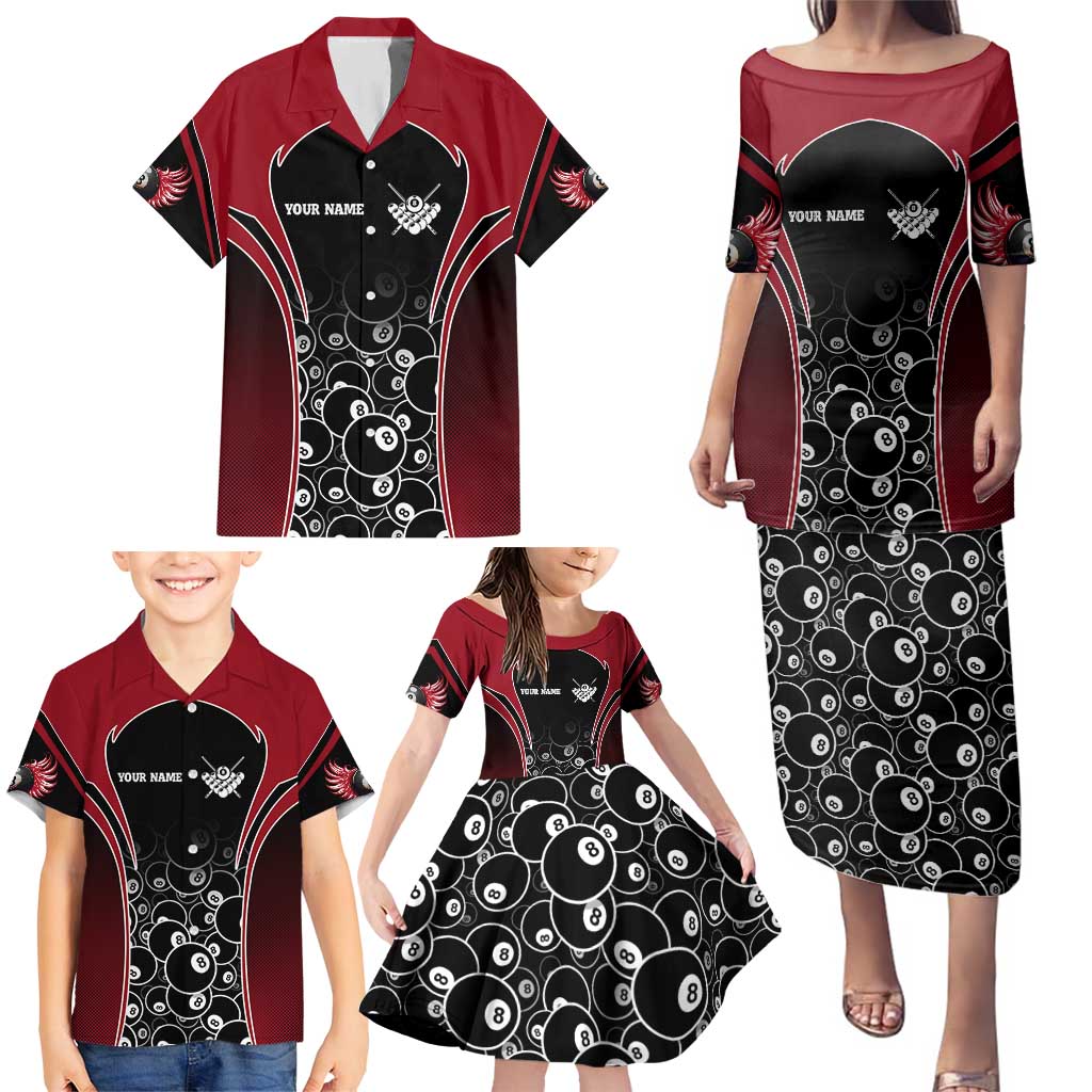 Personalized Billiards Eight Ball Family Matching Puletasi and Hawaiian Shirt with Red Wing Emblem and Black Gradient Bubble Pattern - Wonder Print Shop