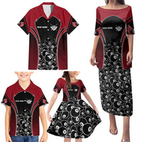 Personalized Billiards Eight Ball Family Matching Puletasi and Hawaiian Shirt with Red Wing Emblem and Black Gradient Bubble Pattern - Wonder Print Shop