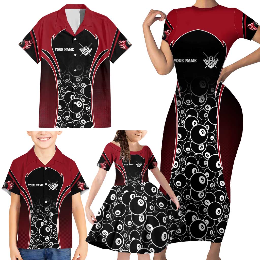 Personalized Billiards Eight Ball Family Matching Short Sleeve Bodycon Dress and Hawaiian Shirt with Red Wing Emblem and Black Gradient Bubble Pattern - Wonder Print Shop