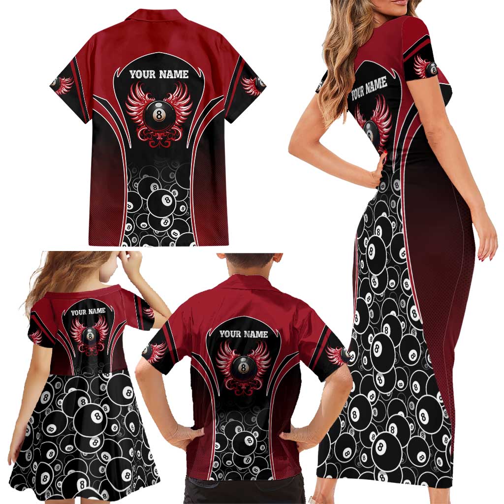 Personalized Billiards Eight Ball Family Matching Short Sleeve Bodycon Dress and Hawaiian Shirt with Red Wing Emblem and Black Gradient Bubble Pattern - Wonder Print Shop