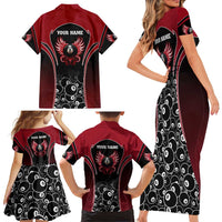Personalized Billiards Eight Ball Family Matching Short Sleeve Bodycon Dress and Hawaiian Shirt with Red Wing Emblem and Black Gradient Bubble Pattern - Wonder Print Shop