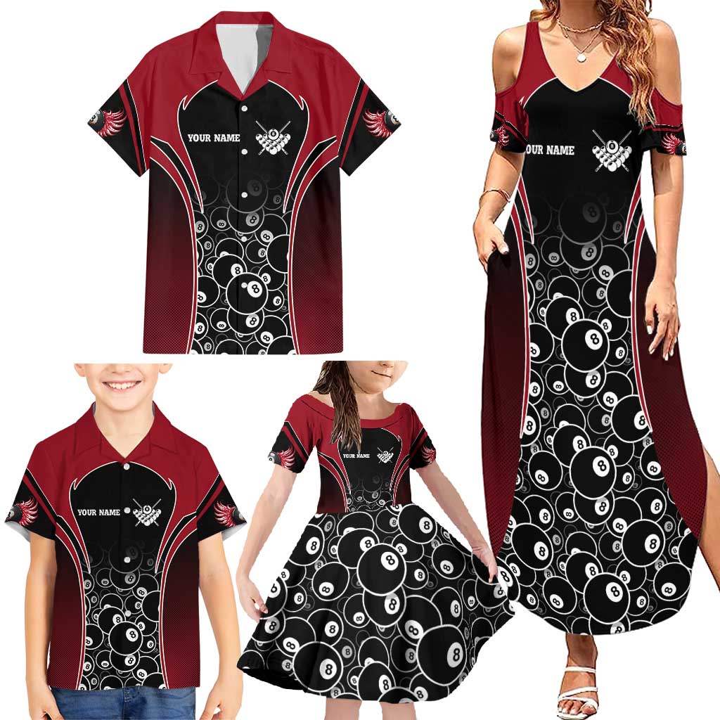 Personalized Billiards Eight Ball Family Matching Summer Maxi Dress and Hawaiian Shirt with Red Wing Emblem and Black Gradient Bubble Pattern - Wonder Print Shop