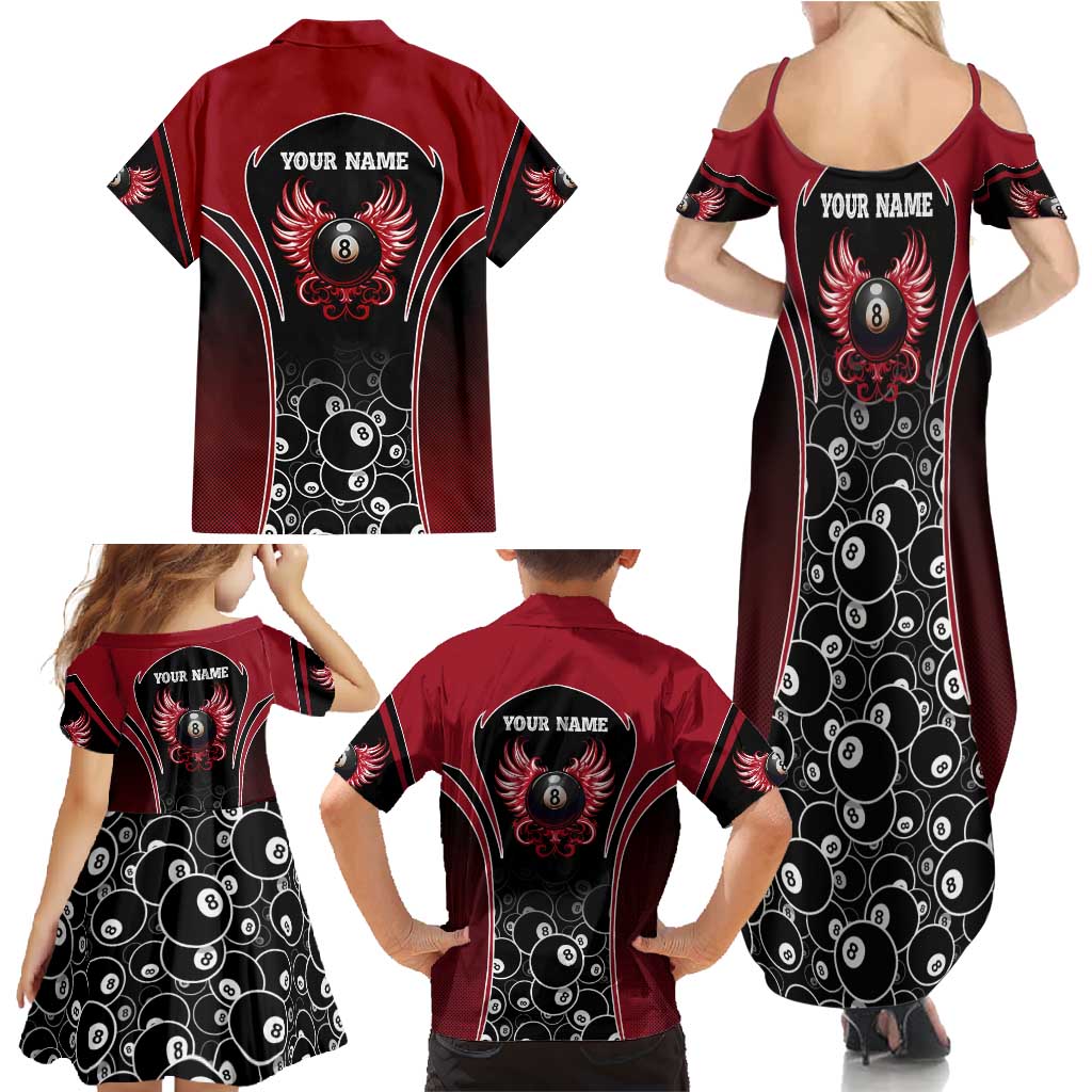 Personalized Billiards Eight Ball Family Matching Summer Maxi Dress and Hawaiian Shirt with Red Wing Emblem and Black Gradient Bubble Pattern - Wonder Print Shop