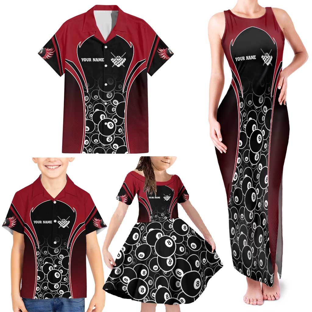 Personalized Billiards Eight Ball Family Matching Tank Maxi Dress and Hawaiian Shirt with Red Wing Emblem and Black Gradient Bubble Pattern - Wonder Print Shop
