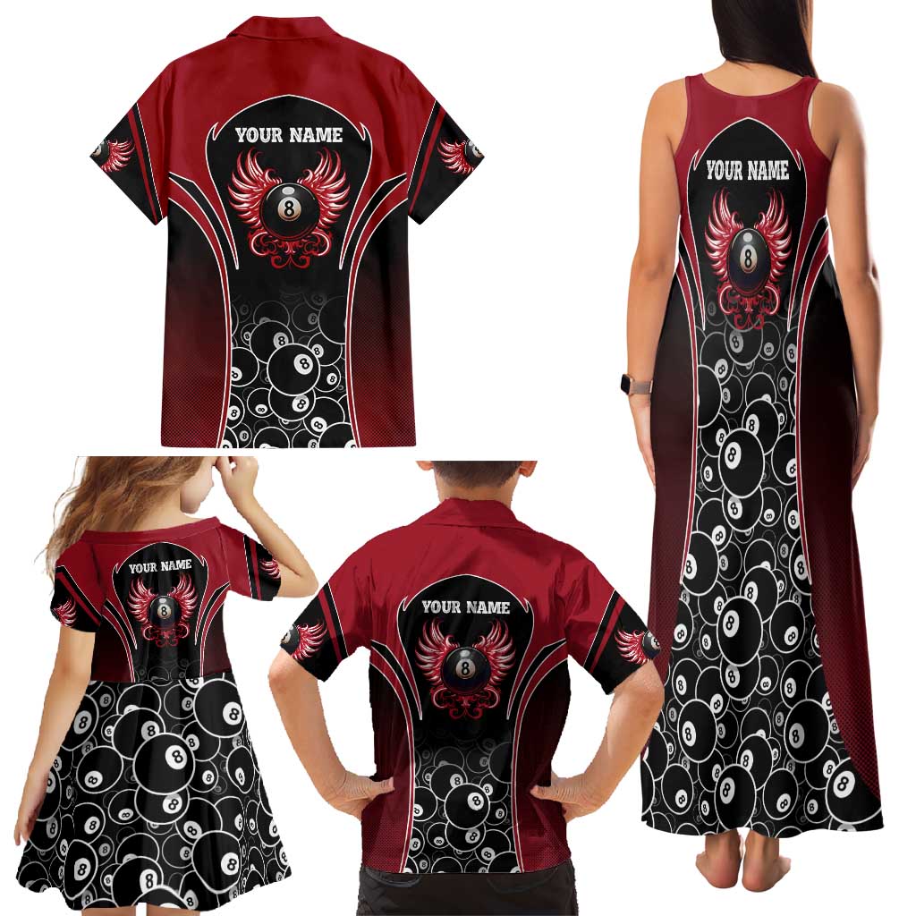 Personalized Billiards Eight Ball Family Matching Tank Maxi Dress and Hawaiian Shirt with Red Wing Emblem and Black Gradient Bubble Pattern - Wonder Print Shop
