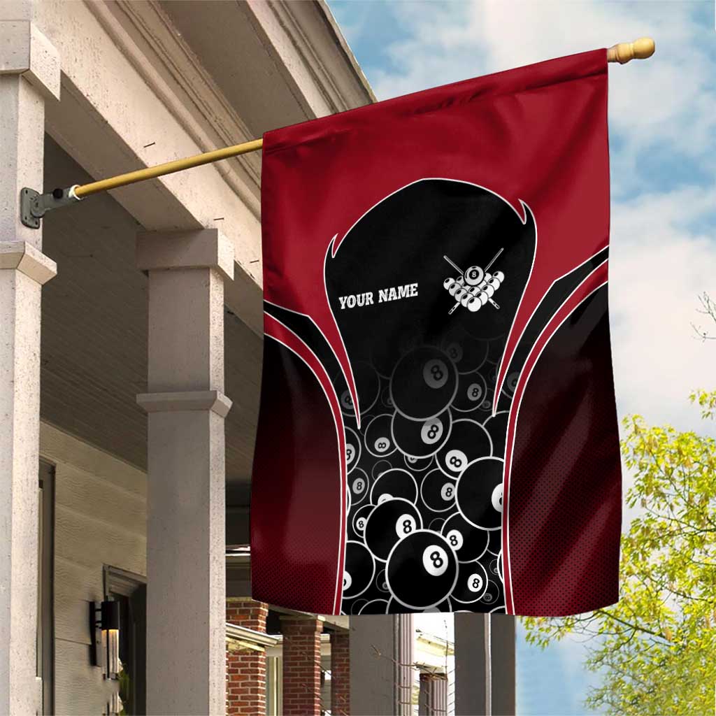 Personalized Billiards Eight Ball Garden Flag with Red Wing Emblem and Black Gradient Bubble Pattern - Wonder Print Shop