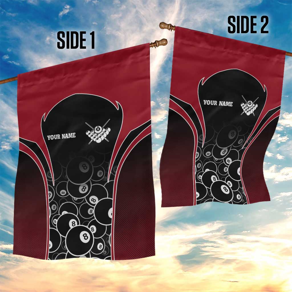 Personalized Billiards Eight Ball Garden Flag with Red Wing Emblem and Black Gradient Bubble Pattern - Wonder Print Shop