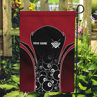 Personalized Billiards Eight Ball Garden Flag with Red Wing Emblem and Black Gradient Bubble Pattern - Wonder Print Shop