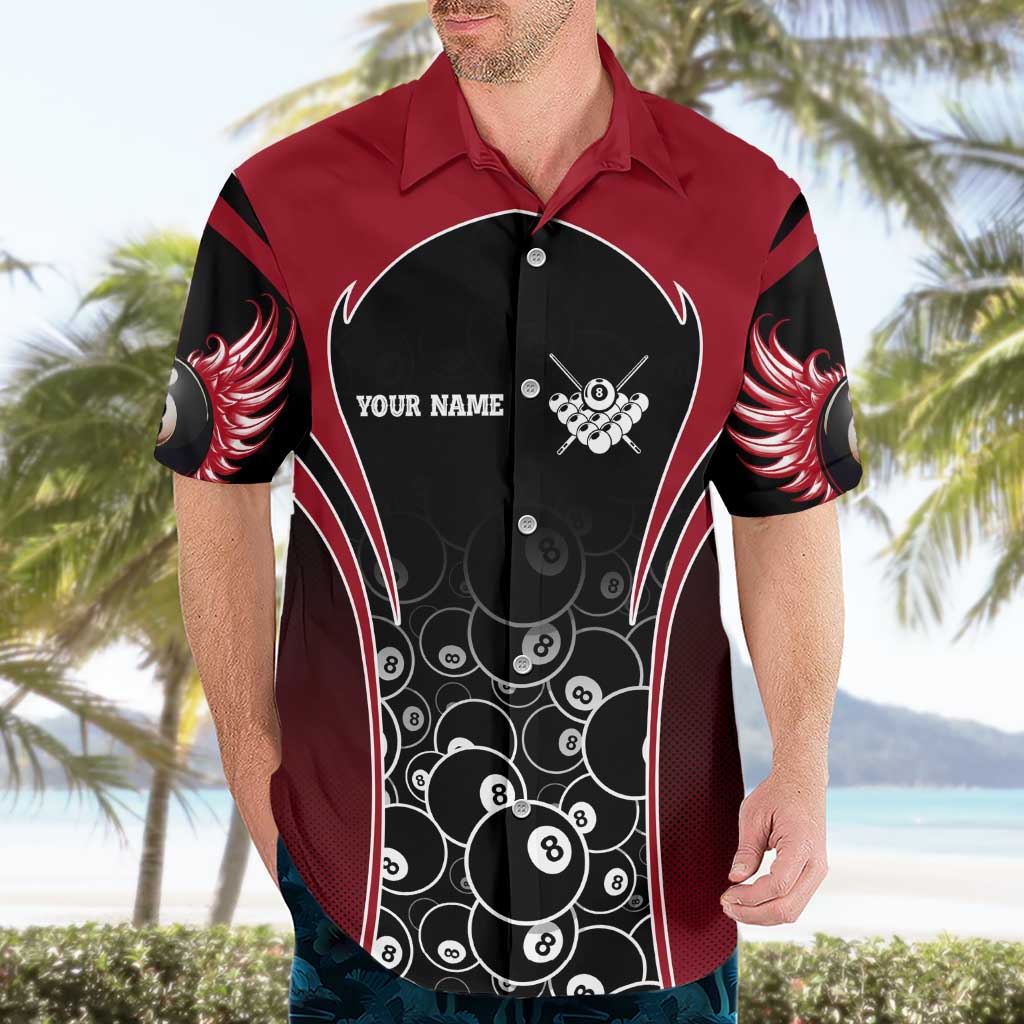 Personalized Billiards Eight Ball Hawaiian Shirt with Red Wing Emblem and Black Gradient Bubble Pattern - Wonder Print Shop