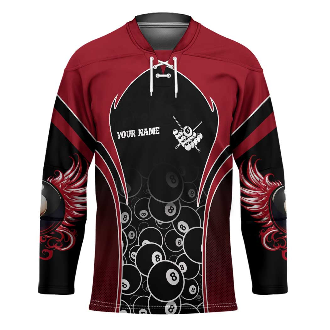 Personalized Billiards Eight Ball Hockey Jersey with Red Wing Emblem and Black Gradient Bubble Pattern - Wonder Print Shop