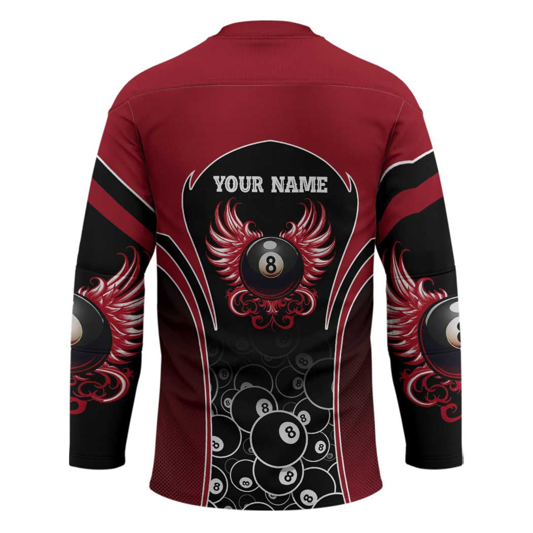 Personalized Billiards Eight Ball Hockey Jersey with Red Wing Emblem and Black Gradient Bubble Pattern - Wonder Print Shop