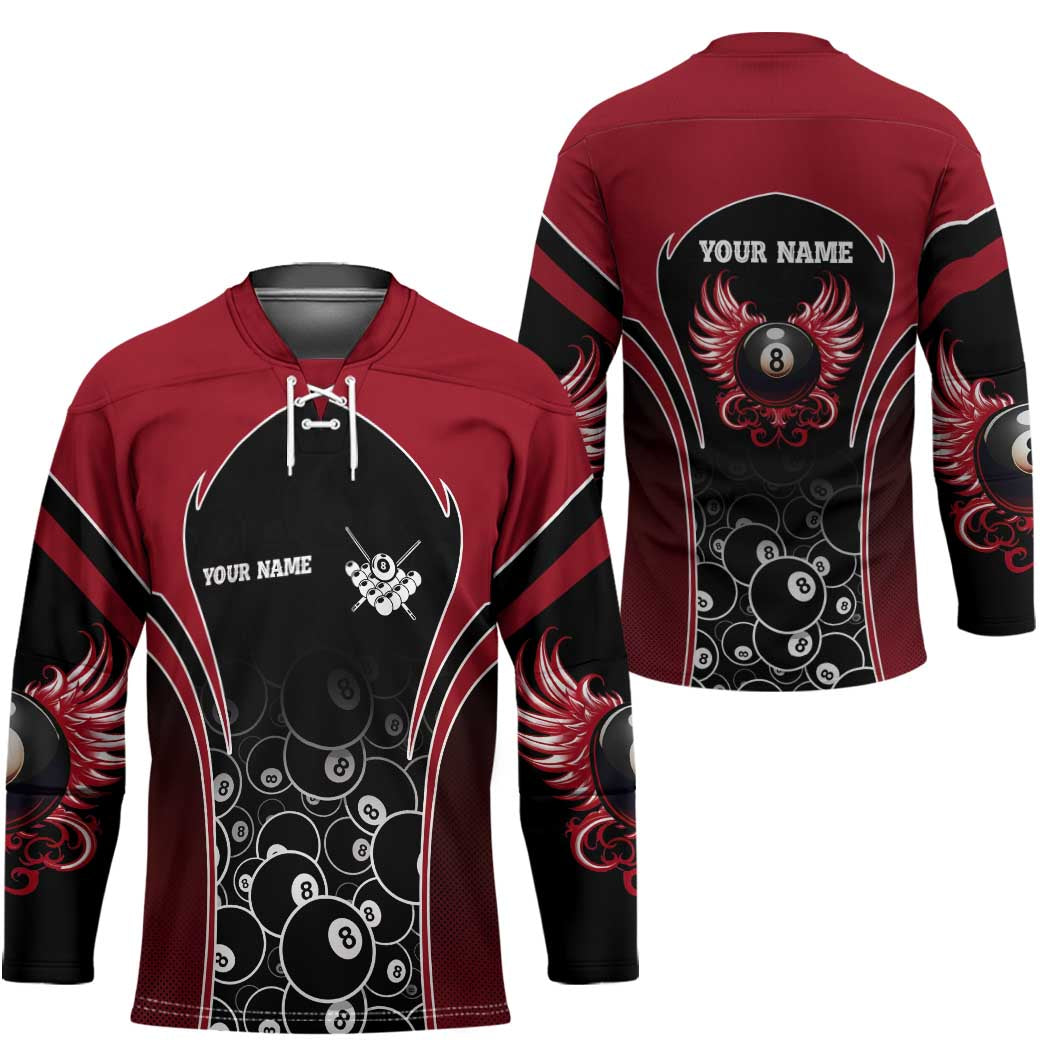 Personalized Billiards Eight Ball Hockey Jersey with Red Wing Emblem and Black Gradient Bubble Pattern - Wonder Print Shop
