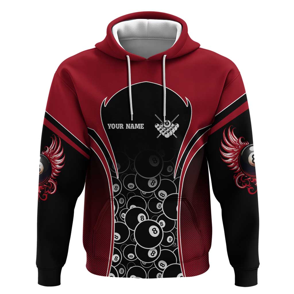 Personalized Billiards Eight Ball Hoodie with Red Wing Emblem and Black Gradient Bubble Pattern - Wonder Print Shop
