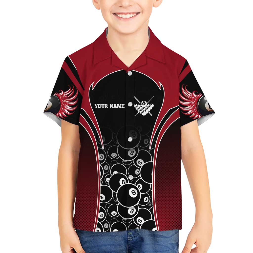 Personalized Billiards Eight Ball Kid Hawaiian Shirt with Red Wing Emblem and Black Gradient Bubble Pattern - Wonder Print Shop