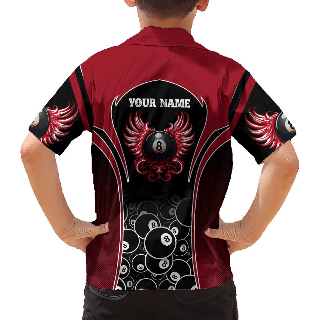 Personalized Billiards Eight Ball Kid Hawaiian Shirt with Red Wing Emblem and Black Gradient Bubble Pattern - Wonder Print Shop