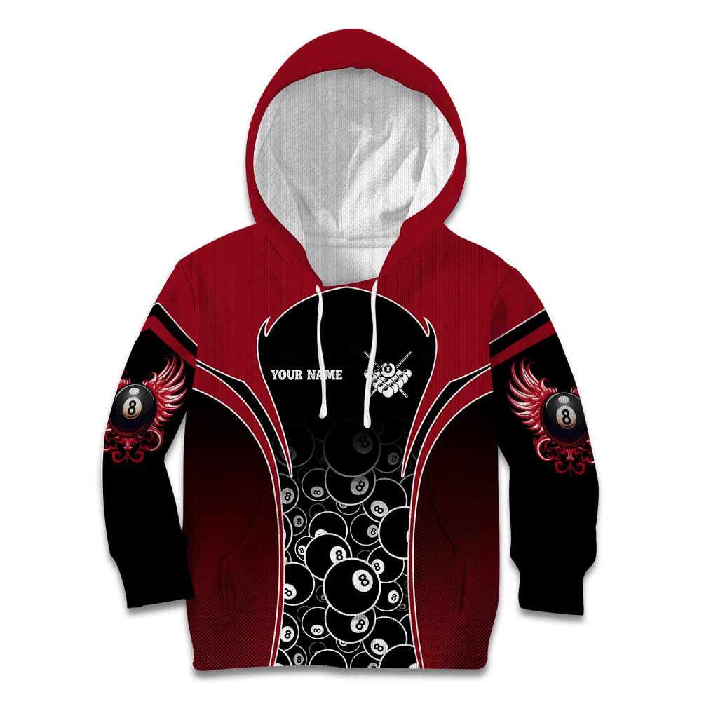Personalized Billiards Eight Ball Kid Hoodie with Red Wing Emblem and Black Gradient Bubble Pattern - Wonder Print Shop