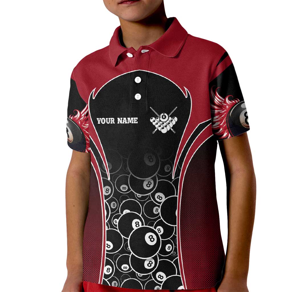 Personalized Billiards Eight Ball Kid Polo Shirt with Red Wing Emblem and Black Gradient Bubble Pattern - Wonder Print Shop