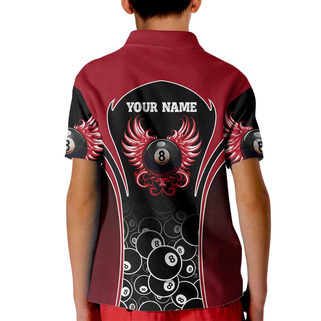 Personalized Billiards Eight Ball Kid Polo Shirt with Red Wing Emblem and Black Gradient Bubble Pattern - Wonder Print Shop
