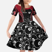 Personalized Billiards Eight Ball Kid Short Sleeve Dress with Red Wing Emblem and Black Gradient Bubble Pattern - Wonder Print Shop