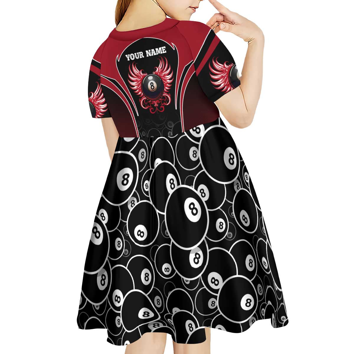 Personalized Billiards Eight Ball Kid Short Sleeve Dress with Red Wing Emblem and Black Gradient Bubble Pattern - Wonder Print Shop