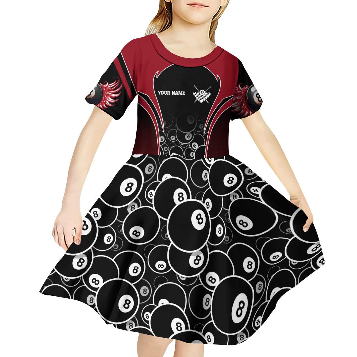 Personalized Billiards Eight Ball Kid Short Sleeve Dress with Red Wing Emblem and Black Gradient Bubble Pattern - Wonder Print Shop