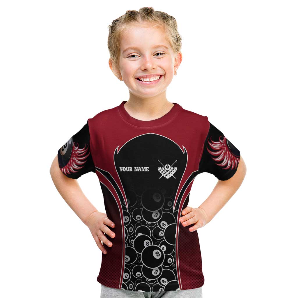 Personalized Billiards Eight Ball Kid T Shirt with Red Wing Emblem and Black Gradient Bubble Pattern - Wonder Print Shop