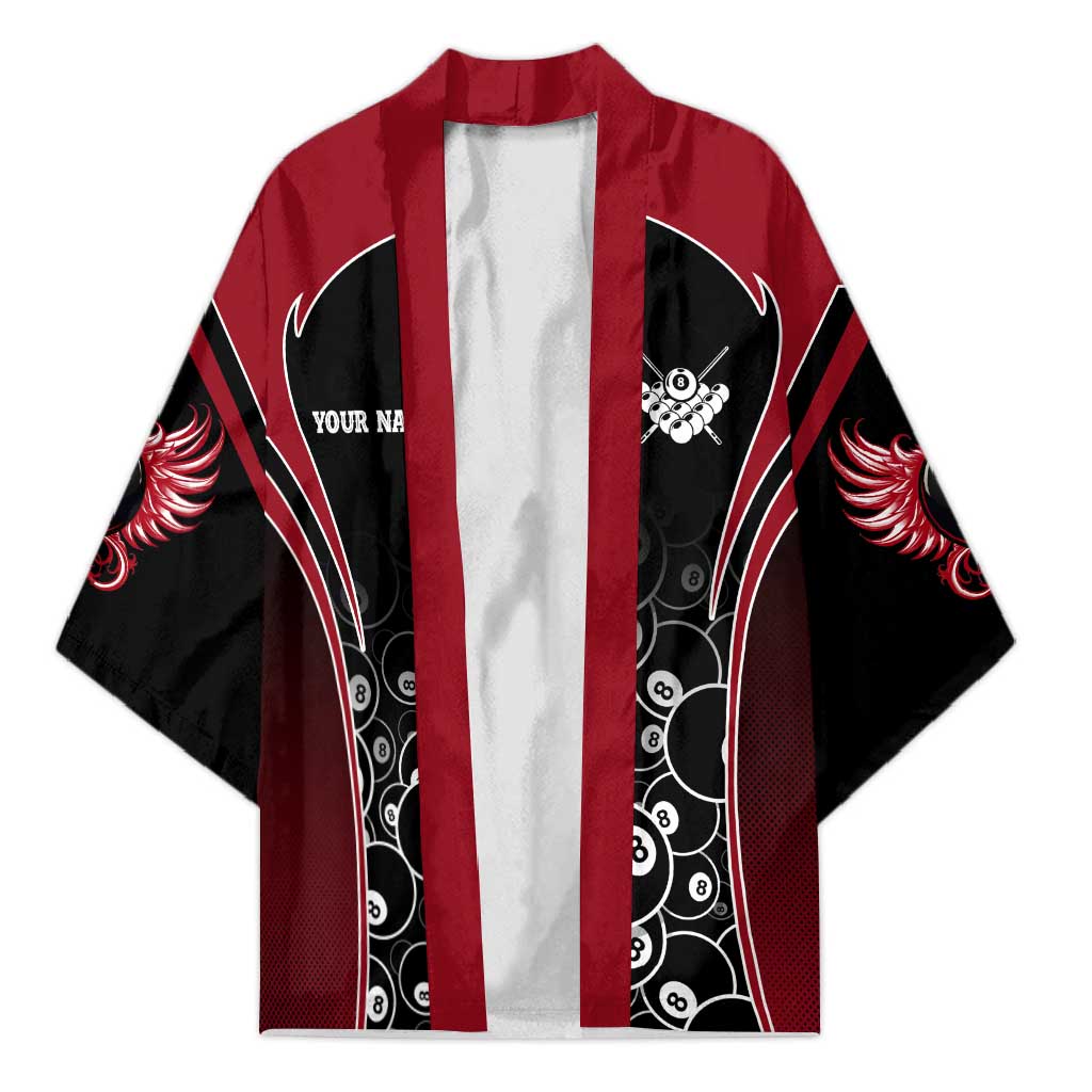 Personalized Billiards Eight Ball Kimono with Red Wing Emblem and Black Gradient Bubble Pattern - Wonder Print Shop