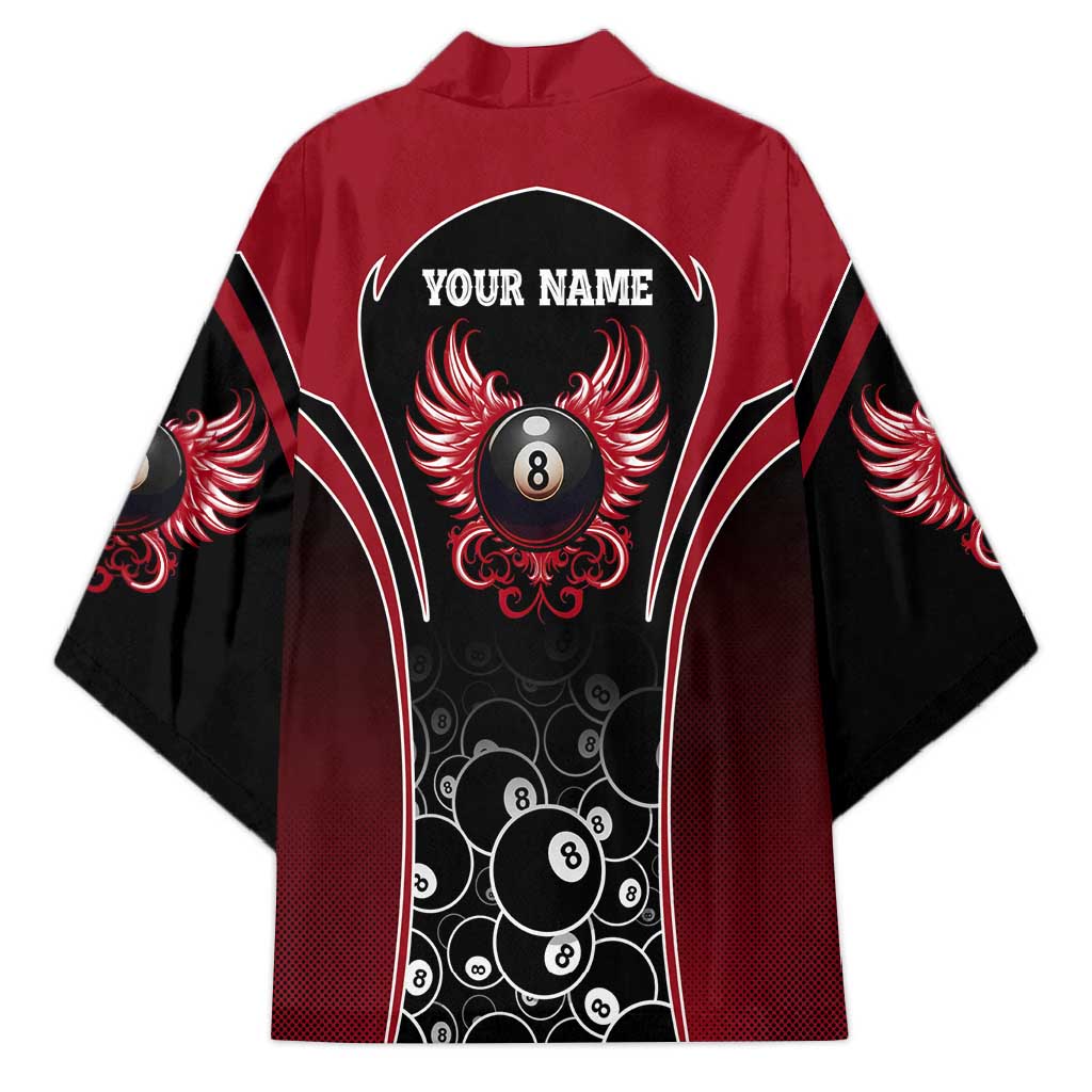 Personalized Billiards Eight Ball Kimono with Red Wing Emblem and Black Gradient Bubble Pattern - Wonder Print Shop