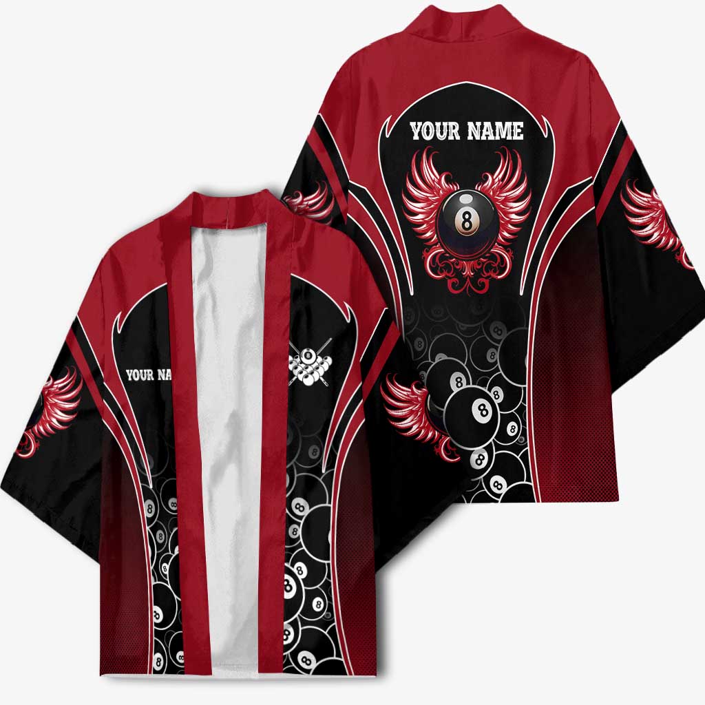 Personalized Billiards Eight Ball Kimono with Red Wing Emblem and Black Gradient Bubble Pattern - Wonder Print Shop