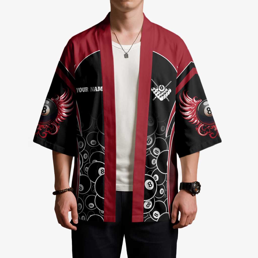 Personalized Billiards Eight Ball Kimono with Red Wing Emblem and Black Gradient Bubble Pattern - Wonder Print Shop