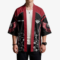 Personalized Billiards Eight Ball Kimono with Red Wing Emblem and Black Gradient Bubble Pattern - Wonder Print Shop