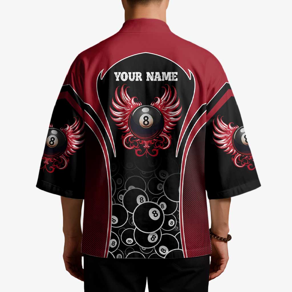 Personalized Billiards Eight Ball Kimono with Red Wing Emblem and Black Gradient Bubble Pattern - Wonder Print Shop