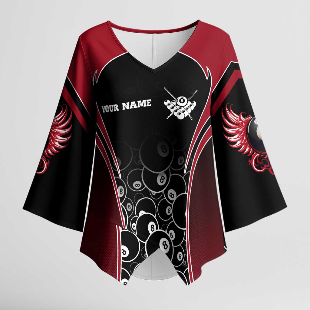 Personalized Billiards Eight Ball Kimono Sleeve Blouse with Red Wing Emblem and Black Gradient Bubble Pattern - Wonder Print Shop