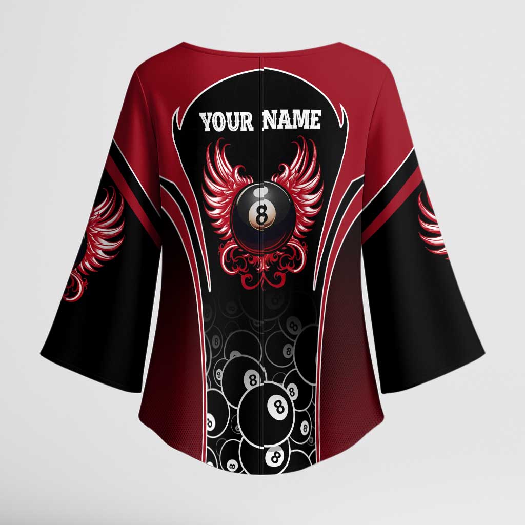 Personalized Billiards Eight Ball Kimono Sleeve Blouse with Red Wing Emblem and Black Gradient Bubble Pattern - Wonder Print Shop