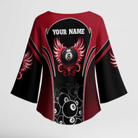 Personalized Billiards Eight Ball Kimono Sleeve Blouse with Red Wing Emblem and Black Gradient Bubble Pattern - Wonder Print Shop