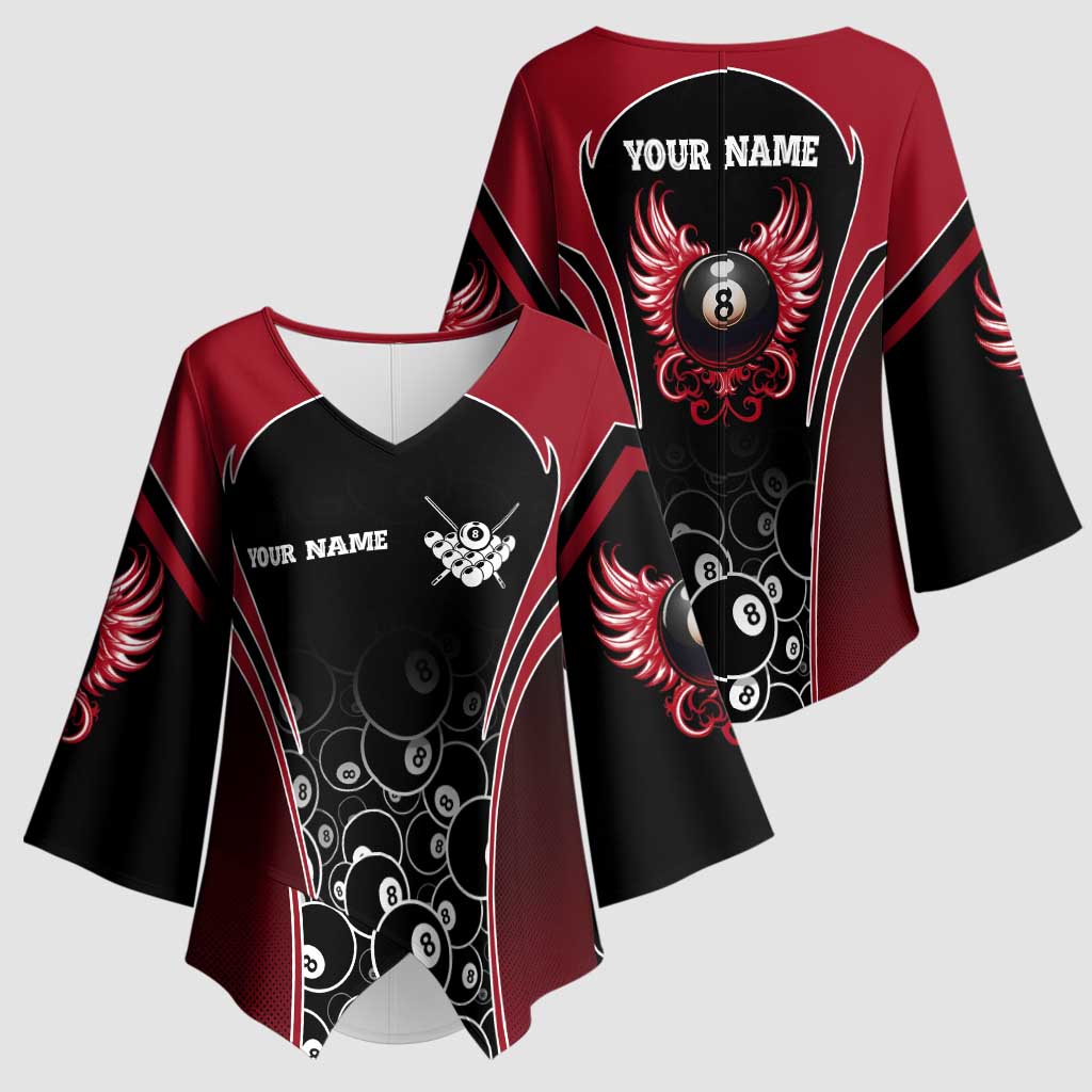 Personalized Billiards Eight Ball Kimono Sleeve Blouse with Red Wing Emblem and Black Gradient Bubble Pattern - Wonder Print Shop